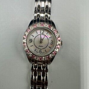 M. Z. Berger Watch Women Silver Tone Pink White Crystal Bezel New Battery
